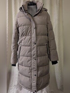DKNY Taupe Long Puffer Jacket with Hood